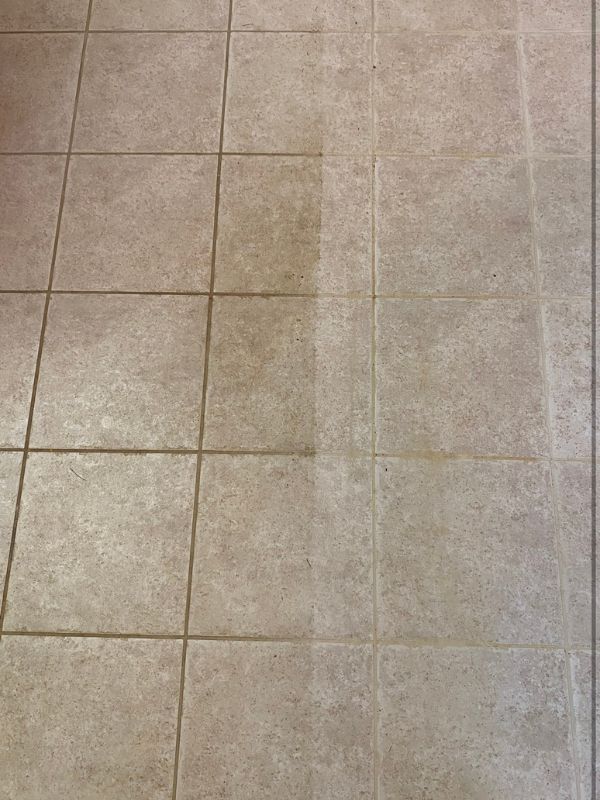 Close-up beige tile floor with mottled stone texture and dark grout lines forming a grid.