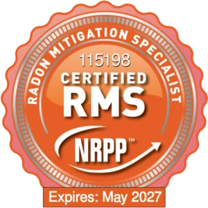 NRPP Certified Radon Mitigation Specialist badge, RMS 115198, expires May 2027.