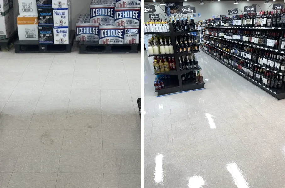 Beverage store with polished VCT commercial flooring, bright lighting, and shelves stocked with bottled drinks.