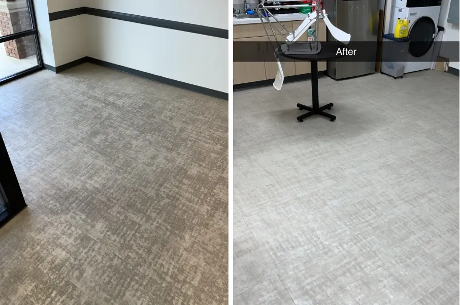 Split view of commercial carpet flooring in a clinical room, with open and equipment-filled areas.