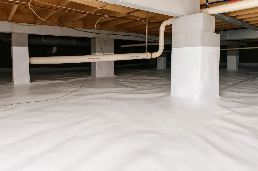 Industrial crawl space with concrete columns, exposed pipes, and a smooth encapsulated floor.