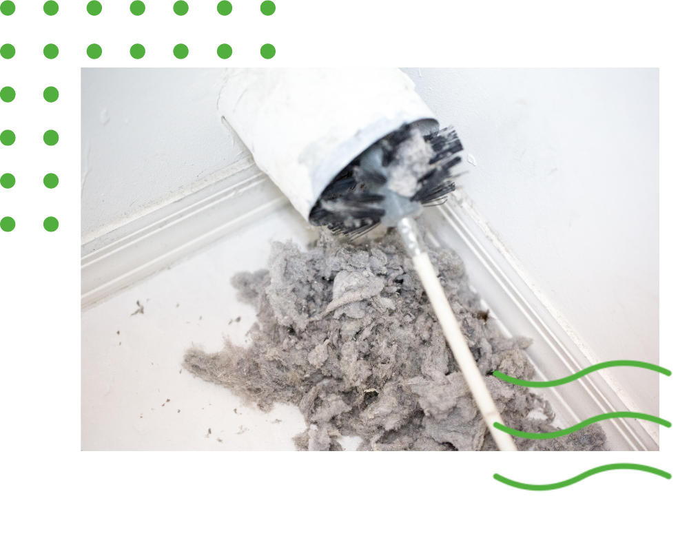 Dryer vent cleaning revealing a lint-filled duct and removed debris.