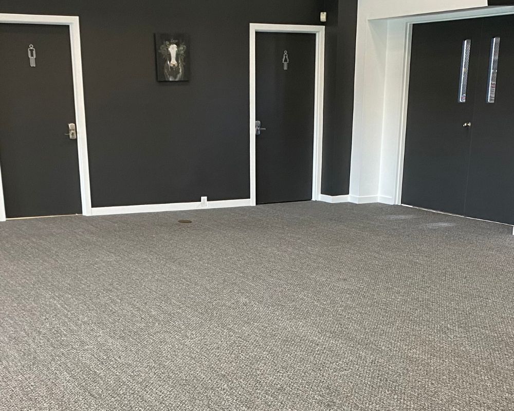 Empty carpeted room with charcoal walls, white-trimmed dark doors, double doors, and framed wall art.