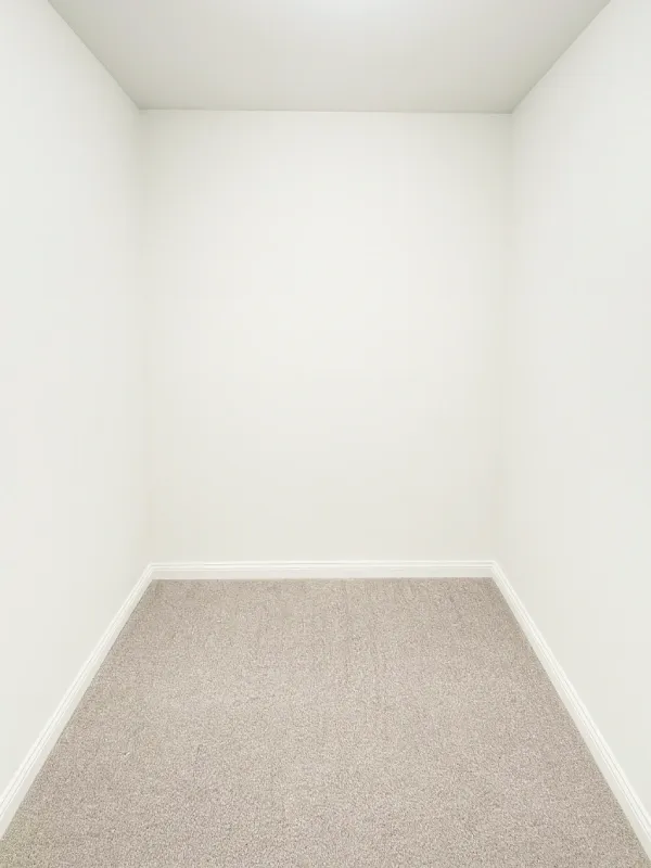 Clean empty room after mold remediation with bright white walls and pale beige carpet.