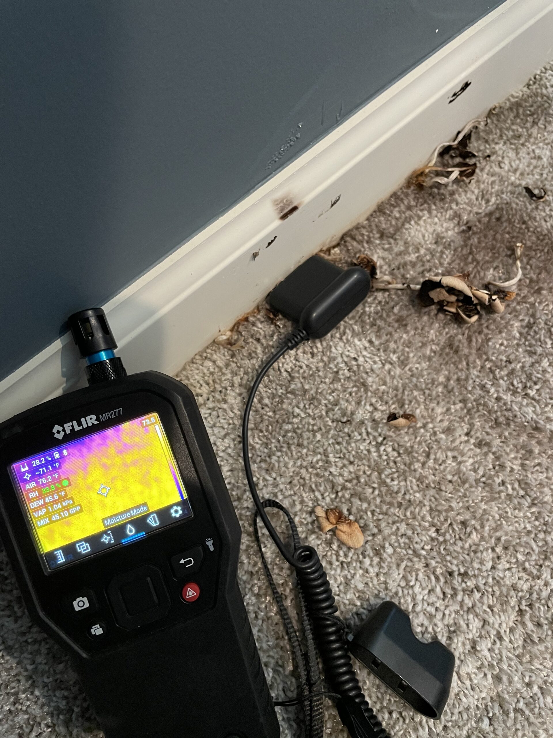Handheld moisture meter with color screen and cable beside a white baseboard.