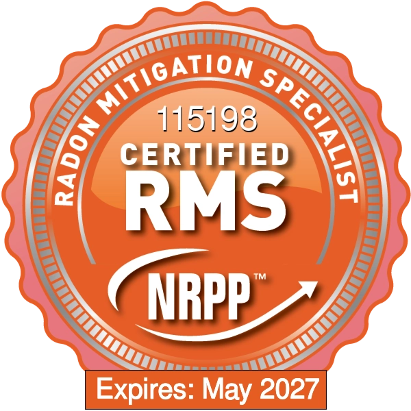 Radiation Mitigation Specialist RMS certification badge with NRPP logo, certification number 115198, expires May 2027.