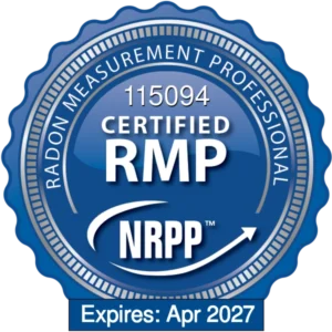 NRPP Radon Measurement Professional certification badge, RMP 115094, expires April 2027.